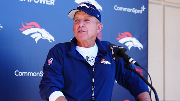 May 10, 2025; Englewood, CO, USA; Denver Broncos head coach Sean Payton speaks to the media following rookie minicamp at Broncos Park Powered by CommonSpirit. 