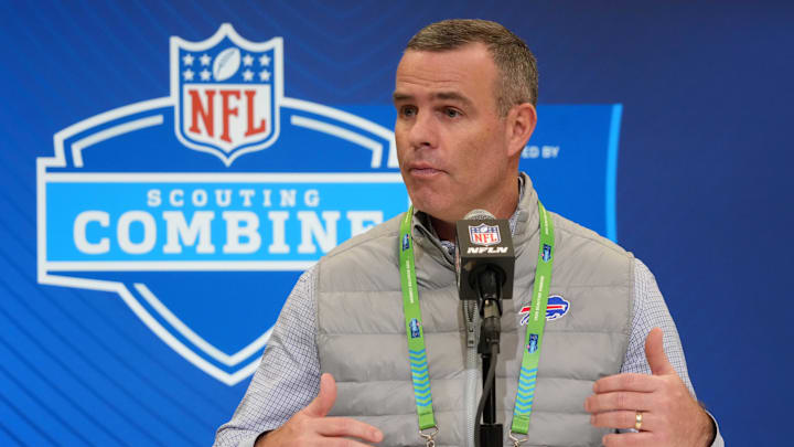 Feb 25, 2025; Indianapolis, IN, USA; Buffalo Bills general manager Brandon Beane speaks during the NFL Scouting Combine at the Indiana Convention Center. Mandatory Credit: Kirby Lee-Imagn Images