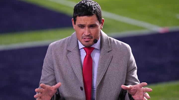 Jan 2, 2023; Pasadena, California, USA; (Editors Notes: Caption Correction)  ESPN broadcaster David Pollack before the game between the Penn State Nittany Lions and the Utah Utes at the 109th Rose Bowl game at the Rose Bowl. Mandatory Credit: Kirby Lee-Imagn Images