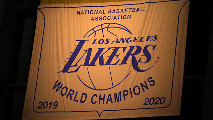 Jun 3, 2021; Los Angeles, California, USA;  The Los Angeles Lakers 2019-2020 NBA Championship banner at Staples Center. Mandatory Credit: Kirby Lee-Imagn Images
