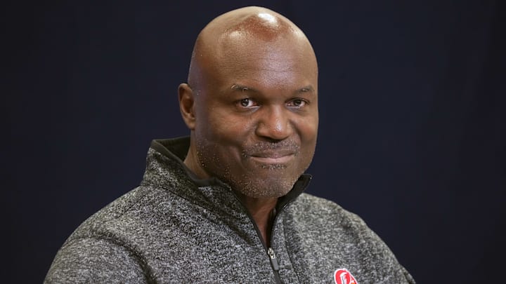 Feb 25, 2025; Indianapolis, IN, USA; Tampa Bay Buccaneers coach Todd Bowles speaks speaks during the NFL Scouting Combine at the Indiana Convention Center. Mandatory Credit: Kirby Lee-Imagn Images
