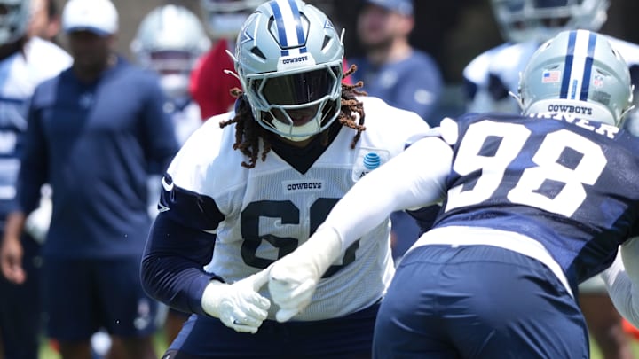 Dallas Cowboys tackle Tyler Guyton defends against defensive end Payton Turner during training camp in Oxnard. 