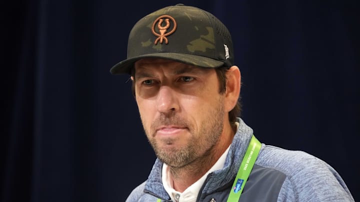 Feb 25, 2025; Indianapolis, IN, USA; Indianapolis Colts coach Shane Steichen speaks during the NFL Scouting Combine at the Indiana Convention Center. Mandatory Credit: Kirby Lee-Imagn Images