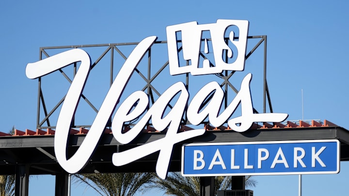 Feb 3, 2022; Las Vegas, NV, USA; A general overall view of the Las Vegas Ballpark sign. Mandatory Credit: Kirby Lee-Imagn Images