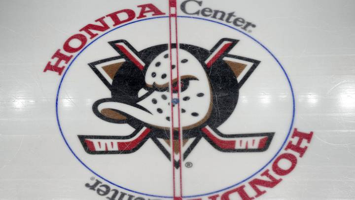 Apr 13, 2025; Anaheim, California, USA; The Anaheim Ducks logo at center ice at Honda Center. Apr 13, 2025; Anaheim, California, USA; The Anaheim Ducks logo at center ice at Honda Center.