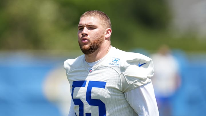 May 21, 2024, Thousand Oaks, California, USA; Los Angeles Rams defensive tackle Braden Fiske (55) during organized team activities at Cal Lutheran University. Mandatory Credit: Kirby Lee-Imagn Images
