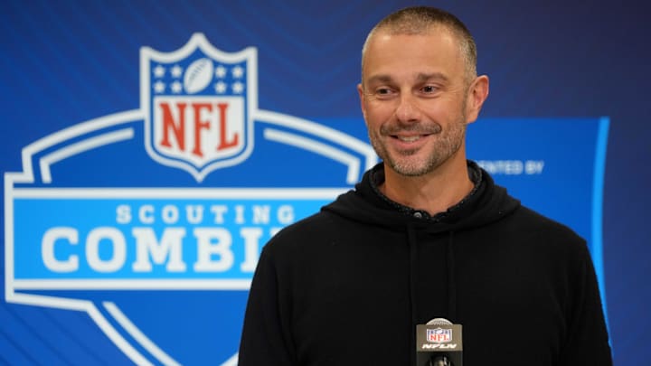Feb 25, 2025; Indianapolis, IN, USA; Las Vegas Raiders general manager John Spytek speaks during the NFL Scouting Combine at the Indiana Convention Center. Mandatory Credit: Kirby Lee-Imagn Images