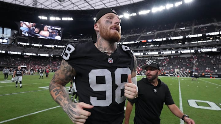 Aug 13, 2023; Paradise, Nevada, USA; Las Vegas Raiders defensive end Maxx Crosby (98) leaves the field after the game against the San Francisco 49ers at Allegiant Stadium. Mandatory Credit: Kirby Lee-Imagn Images