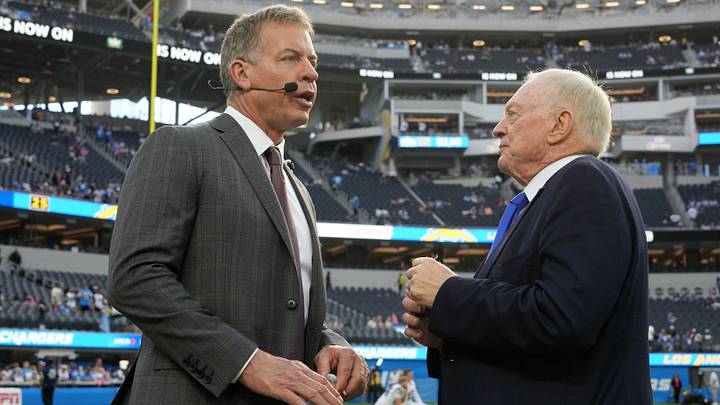 Dallas Cowboys owner Jerry Jones (right) talks with former quarterback Troy Aikman before the game against the Los Angeles Chargers at SoFi Stadium. Mandatory Credit: Kirby Lee-USA TODAY Sports Dallas Cowboys owner Jerry Jones (right) talks with former quarterback Troy Aikman before the game against the Los Angeles Chargers at SoFi Stadium. Mandatory Credit: Kirby Lee-USA TODAY Sports