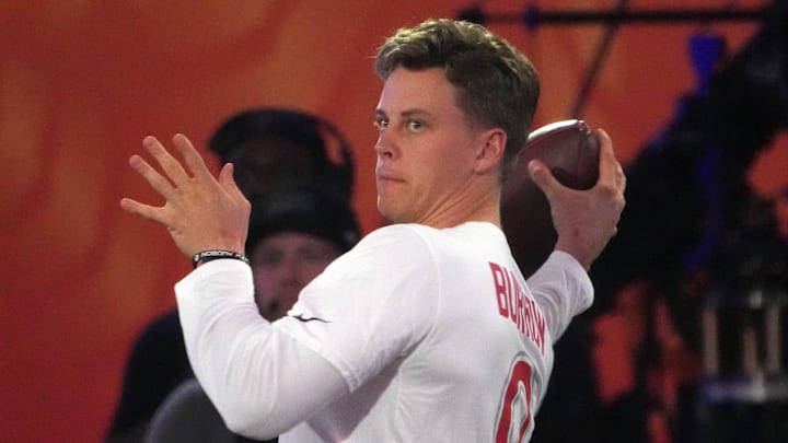 Jan 30, 2025; Orlando, FL, USA; AFC quarterback Joe Burrow of the Cincinnati Bengals throws the ball during the Passing the Test event at the Pro Bowl Skills Challenge at Nicholson Fieldhouse. Mandatory Credit: Kirby Lee-Imagn Images