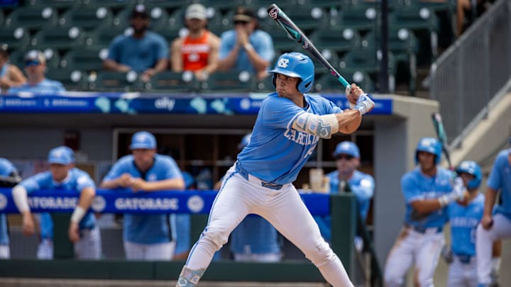 May 23, 2024; Charlotte, NC, USA; North Carolina Tar Heels catcher Luke Stevenson (44) at bat in the third inning against the Pittsburgh Panthers during the ACC Baseball Tournament at Truist Field. Mandatory Credit: Scott Kinser-Imagn Images May 23, 2024; Charlotte, NC, USA; North Carolina Tar Heels catcher Luke Stevenson (44) at bat in the third inning against the Pittsburgh Panthers during the ACC Baseball Tournament at Truist Field. Mandatory Credit: Scott Kinser-Imagn Images