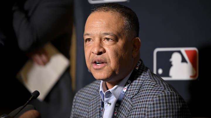 Dec 9, 2024; Dallas, TX, USA; Los Angeles Dodgers manager Dave Roberts speaks with the media at the Hilton Anatole during the 2024 MLB Winter Meetings. Mandatory Credit: Jerome Miron-Imagn Images