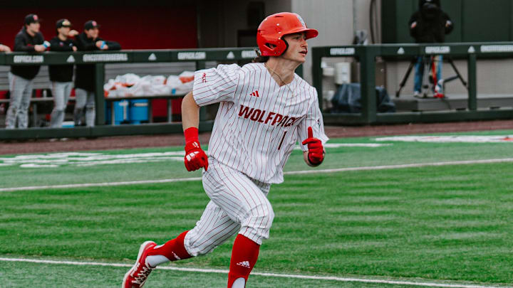 Freshman left fielder Rett Johnson runs the bases in NC State's win over Lafayette on March 7, 2026, at Doak Field in Raleigh, N.C. 