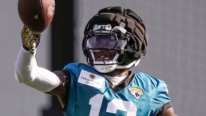Jacksonville Jaguars Cornerback/Wide Receiver Travis Hunter (12) throws the ball back after catching a pass during the Jacksonville Jaguars 10th day of NFL Training Camp at the Miller Electric Center in Jacksonville, Fla., Sunday, August 9, 2026. Jacksonville Jaguars Cornerback/Wide Receiver Travis Hunter (12) throws the ball back after catching a pass during the Jacksonville Jaguars 10th day of NFL Training Camp at the Miller Electric Center in Jacksonville, Fla., Sunday, August 9, 2026.