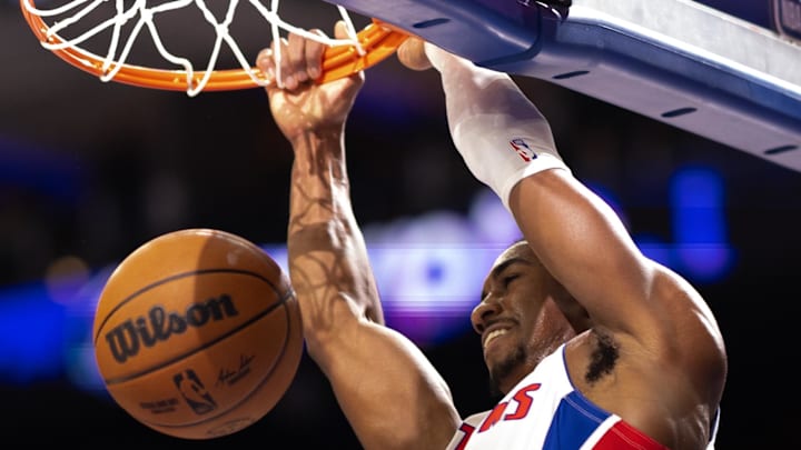 Oct 30, 2024; Philadelphia, Pennsylvania, USA; Detroit Pistons guard Jaden Ivey (23) dunks the ball against the Philadelphia 76ers during the second quarter at Wells Fargo Center. Mandatory Credit: Bill Streicher-Imagn Images