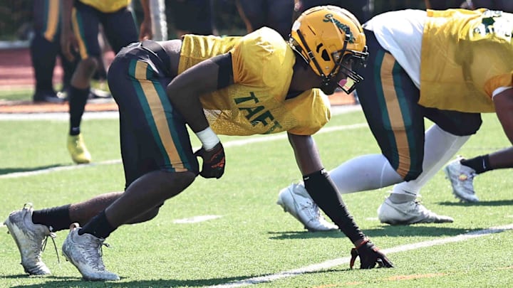 Taft head defensive lineman Elias Rudolph (9) during the Senators' scrimmage at Anderson, Friday, Aug. 4, 2023. Taft head defensive lineman Elias Rudolph (9) during the Senators' scrimmage at Anderson, Friday, Aug. 4, 2023.
