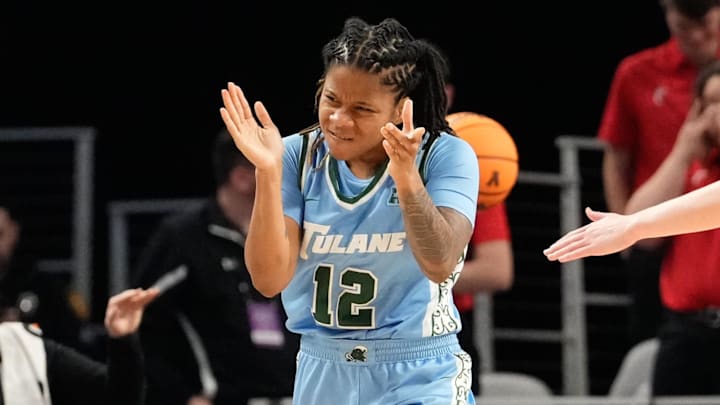 Mar 6, 2023; Fort Worth, TX, USA; Tulane Green Wave guard Kahia Warmsley (12) celebrates after a play against the Cincinnati Bearcats during the second half at Dickies Arena. Mandatory Credit: Chris Jones-Imagn Images