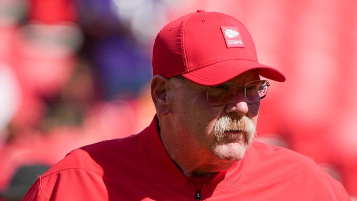 Sep 28, 2025; Kansas City, Missouri, USA; Kansas City Chiefs head coach Andy Reid watches team warm ups against the Baltimore Ravens before a game during the game at GEHA Field at Arrowhead Stadium. Mandatory Credit: Denny Medley-Imagn Images Sep 28, 2025; Kansas City, Missouri, USA; Kansas City Chiefs head coach Andy Reid watches team warm ups against the Baltimore Ravens before a game during the game at GEHA Field at Arrowhead Stadium. Mandatory Credit: Denny Medley-Imagn Images