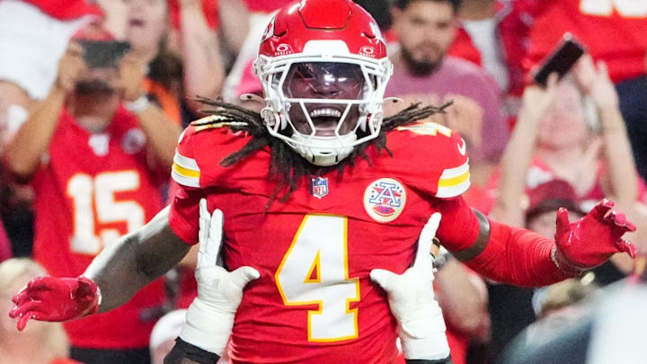 Aug 22, 2025; Kansas City, Missouri, USA; Kansas City Chiefs wide receiver Rashee Rice (4) celebrates with guard Trey Smith (65) after scoring against the Chicago Bears during the first half of the game at GEHA Field at Arrowhead Stadium. Mandatory Credit: Denny Medley-Imagn Images Aug 22, 2025; Kansas City, Missouri, USA; Kansas City Chiefs wide receiver Rashee Rice (4) celebrates with guard Trey Smith (65) after scoring against the Chicago Bears during the first half of the game at GEHA Field at Arrowhead Stadium. Mandatory Credit: Denny Medley-Imagn Images