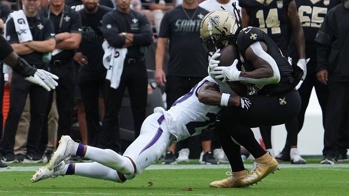 Sep 20, 2026; Baltimore, Maryland, USA; New Orleans Saints running back Alvin Kamara (41) is tackled by Baltimore Ravens cornerback Chandler Rivers (29) after the catch in the second quarter at M&T Bank Stadium. Mandatory Credit: James Lang-Imagn Images Sep 20, 2026; Baltimore, Maryland, USA; New Orleans Saints running back Alvin Kamara (41) is tackled by Baltimore Ravens cornerback Chandler Rivers (29) after the catch in the second quarter at M&T Bank Stadium. Mandatory Credit: James Lang-Imagn Images