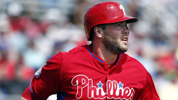 Mar 26, 2015; Dunedin, FL, USA; Philadelphia Phillies first baseman Darin Ruf (18) runs to first base during a spring training baseball game at Florida Auto Exchange Park. The Toronto Blue Jays beat the Philadelphia Phillies 4-1