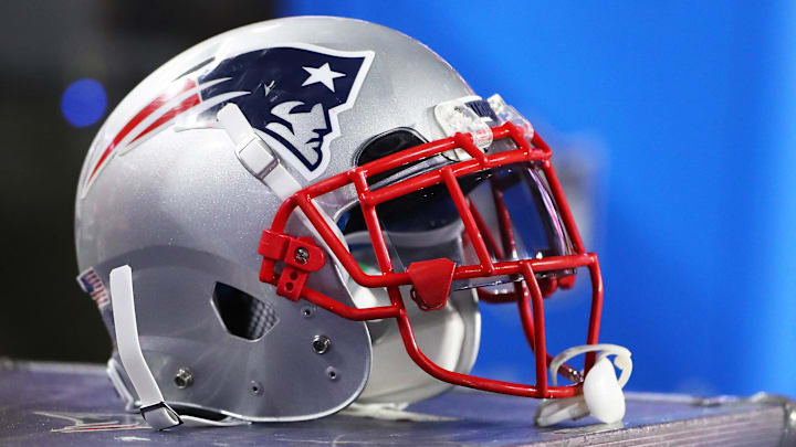 Sep 11, 2016; Glendale, AZ, USA; Detailed view of a New England Patriots helmet against the Arizona Cardinals at University of Phoenix Stadium. The Patriots defeated the Cardinals 23-21. Mandatory Credit: Mark J. Rebilas-Imagn Images