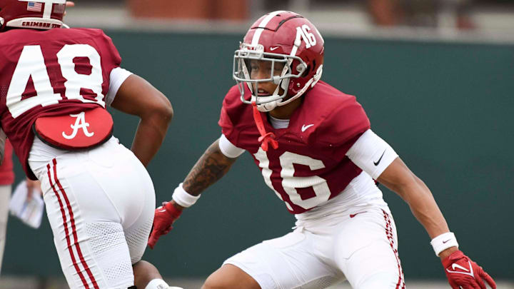 Mar 21, 2024; Tuscaloosa, Alabama, USA; Defensive back Red Morgan works on a drill during practice at the University Alabama Thursday.