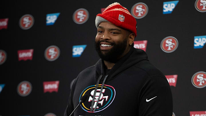 Jun 10, 2025; Santa Clara, CA, USA; San Francisco 49ers offensive tackle Trent Williams speaks to the media following an OTA at Levi's Stadium. Mandatory Credit: D. Ross Cameron-Imagn Images Jun 10, 2025; Santa Clara, CA, USA; San Francisco 49ers offensive tackle Trent Williams speaks to the media following an OTA at Levi's Stadium. Mandatory Credit: D. Ross Cameron-Imagn Images