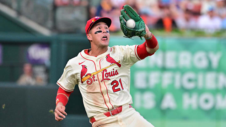 Sep 6, 2025; St. Louis, Missouri, USA; St. Louis Cardinals outfielder Lars Nootbaar (21) makes the catch on a fly ball to left field by San Francisco Giants catcher Patrick Bailey (14) in the second inning at Busch Stadium. Mandatory Credit: Tim Vizer-Imagn Images Sep 6, 2025; St. Louis, Missouri, USA; St. Louis Cardinals outfielder Lars Nootbaar (21) makes the catch on a fly ball to left field by San Francisco Giants catcher Patrick Bailey (14) in the second inning at Busch Stadium. Mandatory Credit: Tim Vizer-Imagn Images