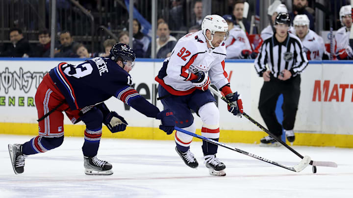 Jan 14, 2024; New York, New York, USA; Washington Capitals center Evgeny Kuznetsov (92) skates with