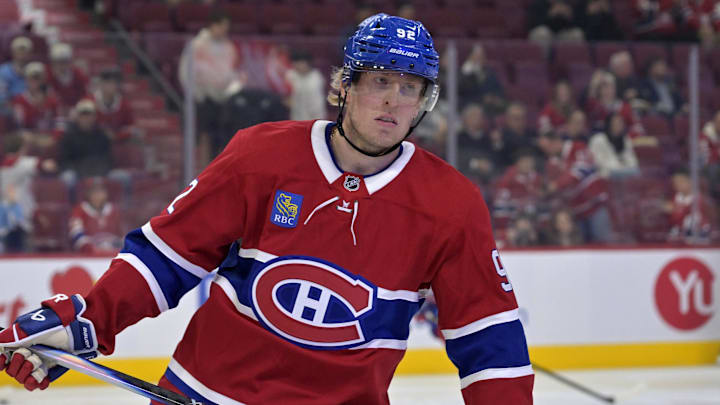 Sep 22, 2025; Montreal, Quebec, CAN; Montreal Canadiens forward Patrik Laine (92) skates during the warmup period before the game against the Pittsburgh Penguins at the Bell Centre. Mandatory Credit: Eric Bolte-Imagn Images