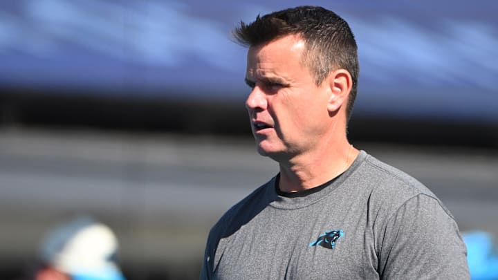 Oct 23, 2022; Charlotte, North Carolina, USA; Carolina Panthers quarterbacks coach Sean Ryan before the game at Bank of America Stadium. 