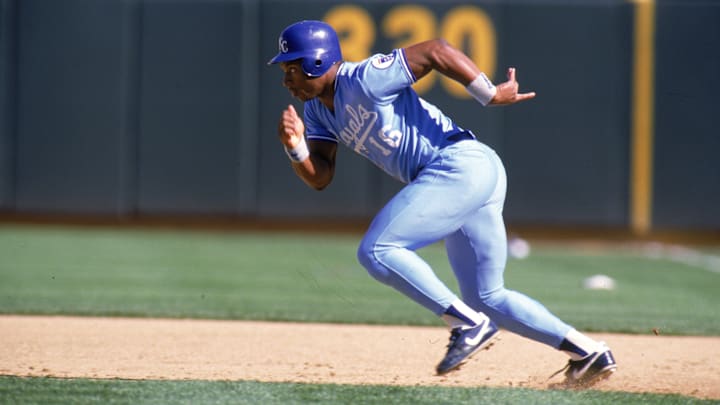 NFL running back Bo Jackson moonlighting as a member of the Kansas City Royals.