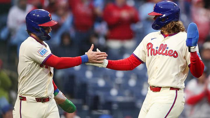 May 23, 2026; Philadelphia, Pennsylvania, USA; Philadelphia Phillies first baseman Bryce Harper (L) and third baseman Alec Bohm (R) slap hands after scoring during the fourth inning against the Cleveland Guardians at Citizens Bank Park. May 23, 2026; Philadelphia, Pennsylvania, USA; Philadelphia Phillies first baseman Bryce Harper (L) and third baseman Alec Bohm (R) slap hands after scoring during the fourth inning against the Cleveland Guardians at Citizens Bank Park.