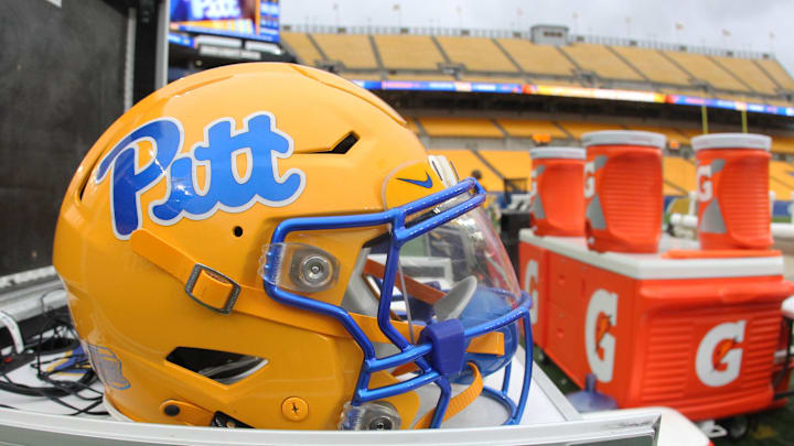 Nov 16, 2024; Pittsburgh, Pennsylvania, USA;  A Pittsburgh Panthers helmet on the sidelines against the Clemson Tigers at Acrisure Stadium. Mandatory Credit: Charles LeClaire-Imagn Images