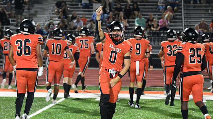 Sarasota Sailor Nate Pralle (#0) and his teammates take the field. The Sarasota Sailors lost 35-12 as they played hosted the Riverview Rams during a make-up game Thursday night, Nov. 8, 2024, in Sarasota.
