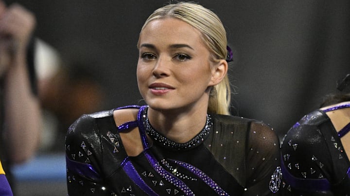 LSU Tigers gymnast Livvy Dunne cheers for the LSU gymnastic team during the 2025 Women's National Gymnastics Semifinal at Dickies Arena.