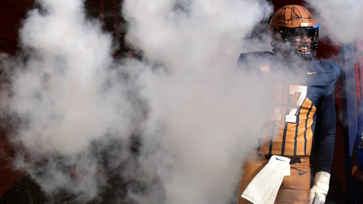 Oct 19, 2024; Champaign, Illinois, USA;  Illinois Fighting Illini linebacker Gabe Jacas (17) is introduced before the start of the game against the Michigan Wolverines at Memorial Stadium. Mandatory Credit: Ron Johnson-Imagn Images