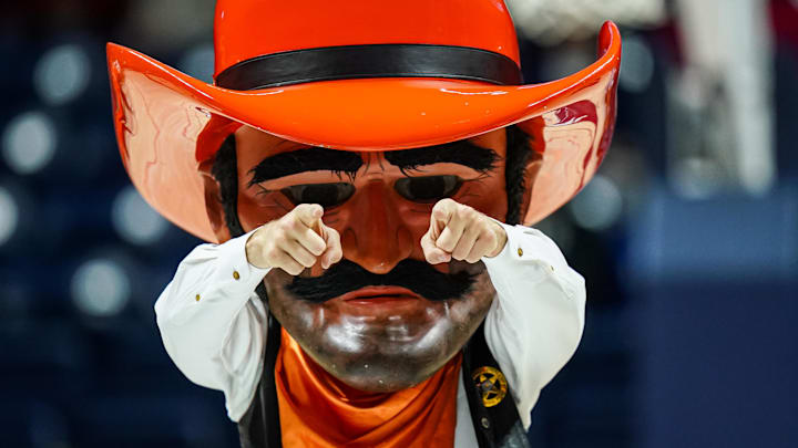 Mar 22, 2025; Storrs, Connecticut, USA; The Oklahoma State Cowgirls mascot on the court during a break against the South Dakota State Jackrabbits in the second half at Harry A. Gampel Pavilion. Mandatory Credit: David Butler II-Imagn Images Mar 22, 2025; Storrs, Connecticut, USA; The Oklahoma State Cowgirls mascot on the court during a break against the South Dakota State Jackrabbits in the second half at Harry A. Gampel Pavilion. Mandatory Credit: David Butler II-Imagn Images