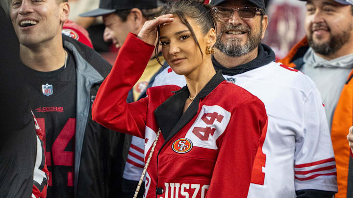 Kristin Juszczyk, wife of San Francisco 49ers fullback Kyle Juszczyk (44), before a 2024 NFC divisional round game against the Green Bay Packers at Levi's Stadium.