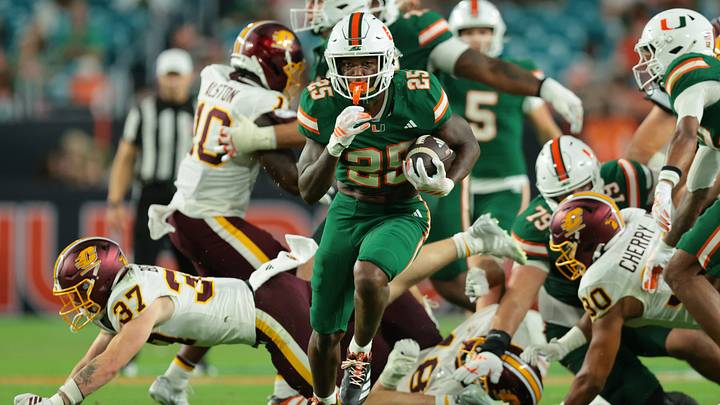 Sep 26, 2026; Miami Gardens, Florida, USA; Miami Hurricanes running back Chris Wheatley-Humphrey (25) runs with the football for a touchdown against the Central Michigan Chippewas during the fourth quarter at Hard Rock Stadium. Mandatory Credit: Sam Navarro-Imagn Images Sep 26, 2026; Miami Gardens, Florida, USA; Miami Hurricanes running back Chris Wheatley-Humphrey (25) runs with the football for a touchdown against the Central Michigan Chippewas during the fourth quarter at Hard Rock Stadium. Mandatory Credit: Sam Navarro-Imagn Images