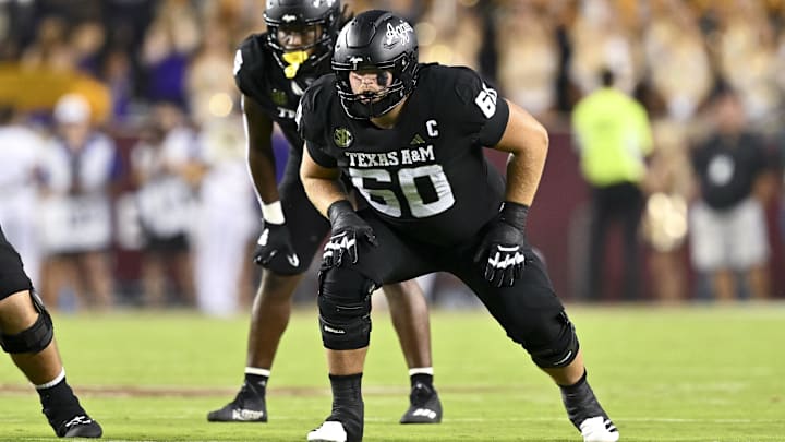 Texas A&M Aggies offensive lineman Trey Zuhn III (60) lines up during the second quarter against the LSU Tigers. The Aggies defeated the Tigers 38-23; at Kyle Field. 