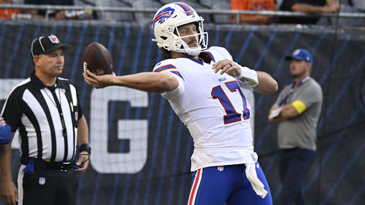 Buffalo Bills quarterback Josh Allen (17) during warmups before a preseason game against the Chicago Bears at Soldier Field. Mandatory Credit: Matt Marton-Imagn Images Buffalo Bills quarterback Josh Allen (17) during warmups before a preseason game against the Chicago Bears at Soldier Field. Mandatory Credit: Matt Marton-Imagn Images