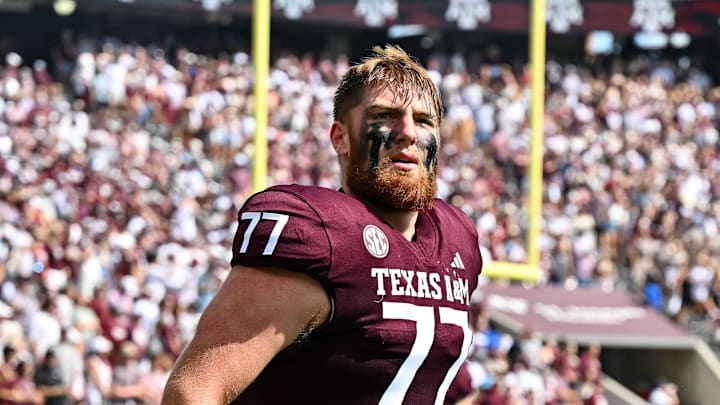 Sep 23, 2023; College Station, Texas, USA; Texas A&M Aggies offensive lineman Colton Thomasson