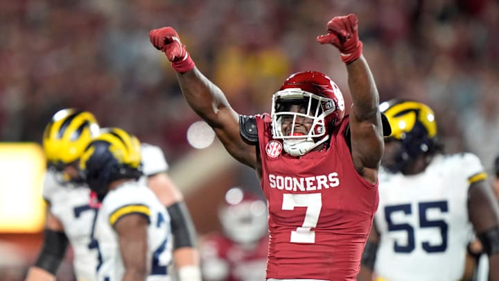 Oklahoma's Sammy Omosigho (7) celebrates a play in the second half of the college football game between the University of Oklahoma Sooner and the University of Michigan Wolverines at the Gaylord Family Ð Oklahoma Memorial Stadium in Norman, Okla., Saturday, Sept. 6, 2025.