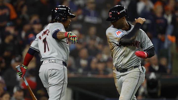 Oct 10, 2024; Detroit, Michigan, USA; Cleveland Guardians shortstop Brayan Rocchio (4) reacts with third base Jose Ramirez (11) reacts after asking in the ninth inning against the Detroit Tigers during game four of the ALDS for the 2024 MLB Playoffs at Comerica Park. Mandatory Credit: Rick Osentoski-Imagn Images