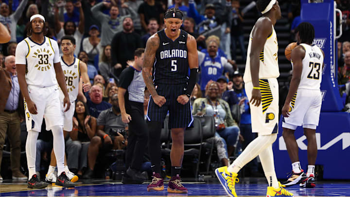 Orlando Magic forward Paolo Banchero (5) celebrates after a basket against the Indiana Pacers in the fourth quarter at Kia Center. Orlando Magic forward Paolo Banchero (5) celebrates after a basket against the Indiana Pacers in the fourth quarter at Kia Center.