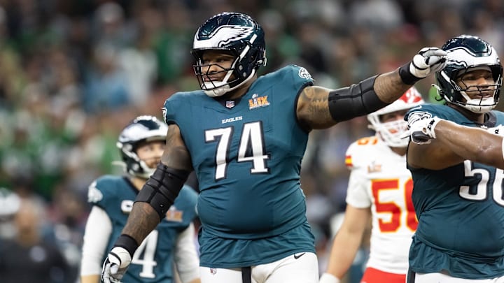 Feb 9, 2025; New Orleans, LA, USA; Philadelphia Eagles  offensive tackle Fred Johnson (74) against the Kansas City Chiefs during Super Bowl LIX at Ceasars Superdome. Mandatory Credit: Mark J. Rebilas-Imagn Images