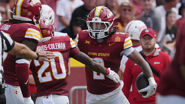 Iowa State Cyclones' defensive back Jamison Patton (2) celebrates with team mates after an interception against South Dakotanduring the secondquarter in the home game opening at Jack Trice Stadium on August 30, 2025, in Ames, Iowa