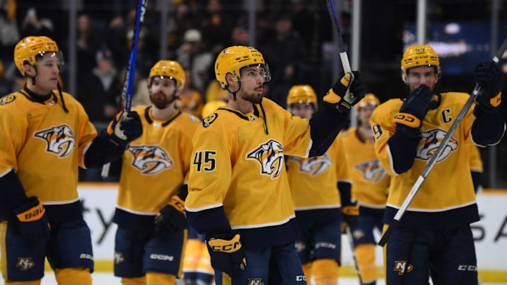 Jan 13, 2024; Nashville, Tennessee, USA; Nashville Predators defenseman Alexandre Carrier (45)